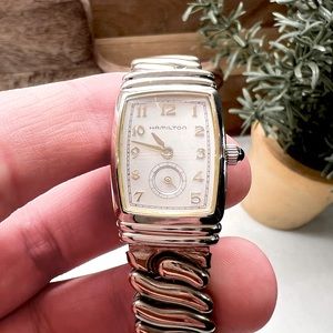 Vintage Silver Hamilton Tank Watch Quartz Womens Stretch Bracelet